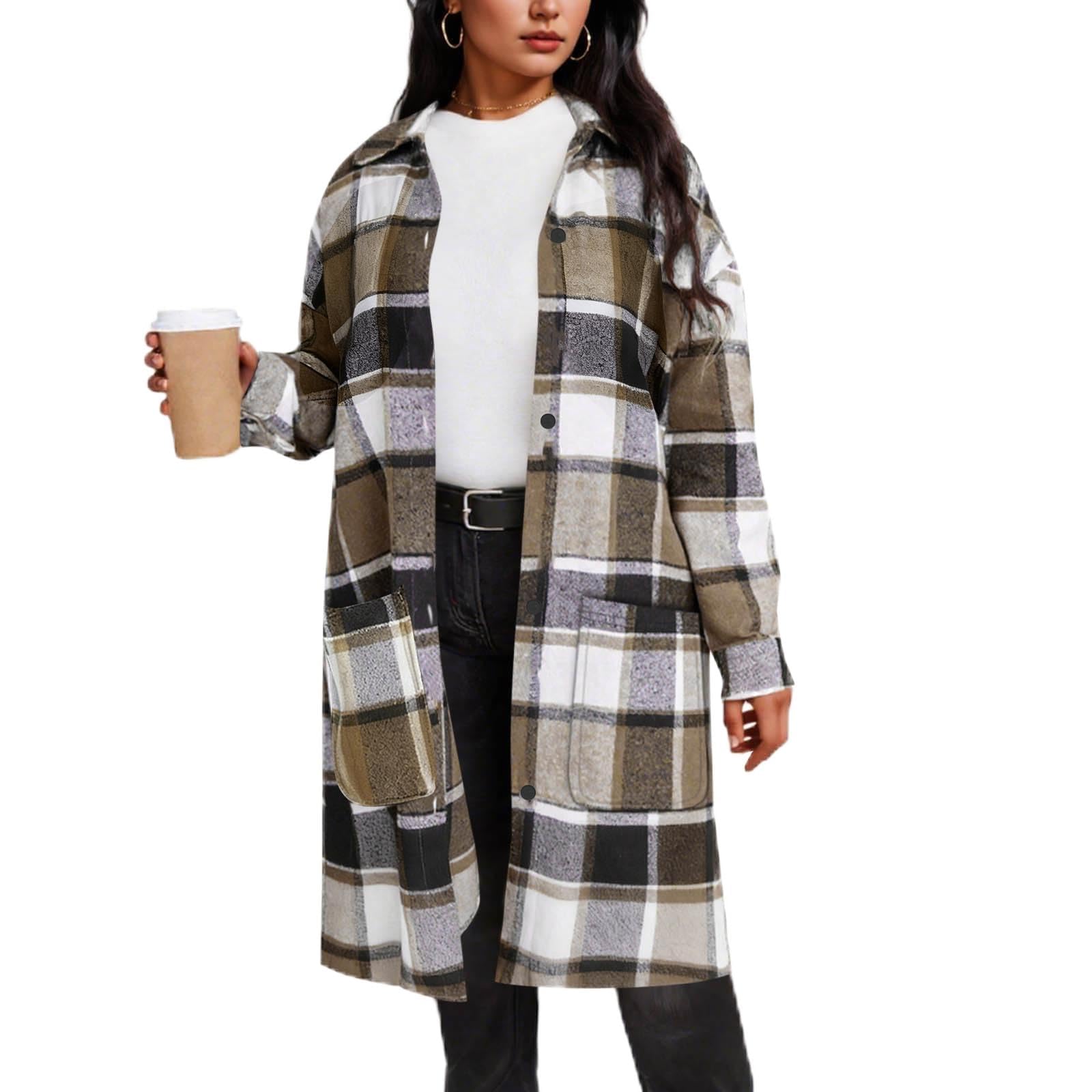 Women's Plaid Wool Coat Long Winter Lapel Peacoat Button Up Warm Overcoats Trendy Comfy Outerwear Casual Jackets